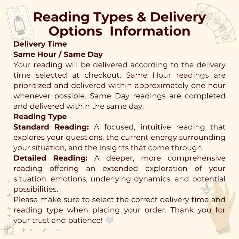 Puede incluir: Un gr&aacute;fico informativo con texto marr&oacute;n oscuro sobre un fondo crema titulado Reading Types & Delivery Options Information. Detalla los tiempos de entrega y los tipos de lectura, incluyendo opciones est&aacute;ndar y detalladas, con ilustraciones de tarot.