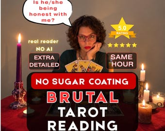 Op de afbeelding: Een tarot-leesservice advertentie met een persoon achter een rood tafelkleed, brandende kaarsen en tarotkaarten. Tekst: Is he/she being honest with me?, 5.0 RATING, real reader, NO AI, EXTRA DETAILED, SAME HOUR, NO SUGAR COATING, BRUTAL TAROT READING.