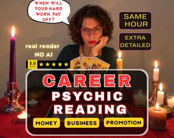 Op de afbeelding: Een advertentie voor een carrière-paragnost-lezing met de tekst: WHEN WILL YOUR HARD WORK PAY OFF?, SAME HOUR, EXTRA DETAILED, real reader NO AI, 5.0 stars, CAREER PSYCHIC READING, MONEY, BUSINESS, PROMOTION. Kaarsen en tarotkaarten zijn zichtbaar.