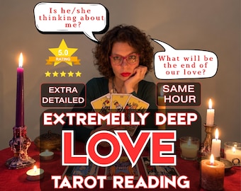 Op de afbeelding: Een advertentie voor een tarot-lezing met een persoon die drie tarotkaarten vasthoudt. De tekst bevat: Is he/she thinking about me?, What will be the end of our love?, 5.0 RATING, EXTRA DETAILED, SAME HOUR, EXTREMELY DEEP LOVE TAROT READING.