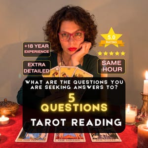 Puede incluir: Un servicio de lectura de tarot con tres cartas sobre una superficie roja: La Sacerdotisa, Los Enamorados y La Torre. Las superposiciones de texto incluyen 5 QUESTIONS TAROT READING, +18 YEAR EXPERIENCE, EXTRA DETAILED y 5.0 RATING.