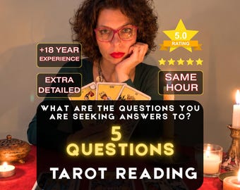 Op de afbeelding: Een tarot-leesservice met drie kaarten op een rode ondergrond: De Hogepriesteres, De Geliefden en De Toren. Tekstoverlays bevatten 5 QUESTIONS TAROT READING, +18 YEAR EXPERIENCE, EXTRA DETAILED en 5.0 RATING.
