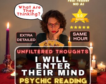 Op de afbeelding: Een advertentie voor een paranormale lezing met een persoon die drie tarotkaarten vasthoudt. De afbeelding bevat de tekst: What Are They Thinking?, real reader NO AI, 5.0 RATING, EXTRA DETAILED, SAME HOUR, UNFILTERED THOUGHTS, I WILL ENTER THEIR MIND, PSYCHIC READING.
