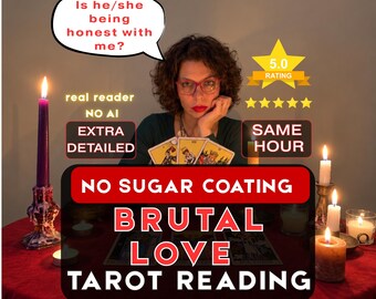 Op de afbeelding: Een advertentie voor een tarot-leesservice met de tekst: Is he/she being honest with me?, real reader, NO AI, EXTRA DETAILED, 5.0 RATING, SAME HOUR, NO SUGAR COATING, BRUTAL LOVE TAROT READING en vijf gele sterren.