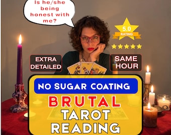 Op de afbeelding: Een tarot-leesservice met een persoon achter een rode tafel met brandende kaarsen en tarotkaarten. Tekst: Is he/she being honest with me?, 5.0 RATING, EXTRA DETAILED, SAME HOUR, NO SUGAR COATING, BRUTAL TAROT READING.