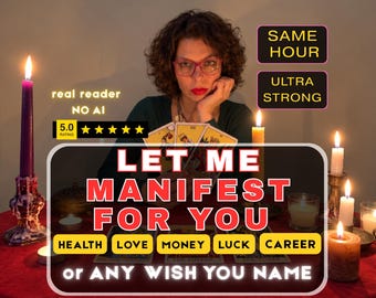 Op de afbeelding: Een persoon met krullend haar en een bril zit achter een rode tafel met tarotkaarten en brandende kaarsen. Tekst: SAME HOUR, ULTRA STRONG, 5.0 RATING, real reader NO AI, LET ME MANIFEST FOR YOU, HEALTH, LOVE, MONEY, LUCK, CAREER.