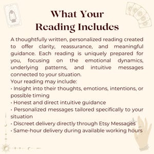 Puede incluir: Una tarjeta informativa beige titulada What Your Reading Includes, con un icono de la carta del tarot El Ermita&ntilde;o, un abanico de cartas y una ilustraci&oacute;n de mano. El texto detalla lecturas personalizadas y entrega mediante Etsy Messages.