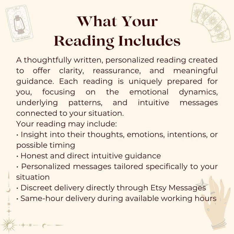 Puede incluir: Una tarjeta informativa beige titulada What Your Reading Includes, con un icono de la carta del tarot El Ermita&ntilde;o, un abanico de cartas y una ilustraci&oacute;n de mano. El texto detalla lecturas personalizadas y entrega mediante Etsy Messages.