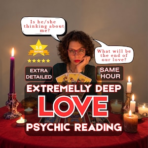 May include: A psychic reading service advertisement featuring a person holding tarot cards behind a red tablecloth with lit candles. Text includes: Is he/she thinking about me?, What will be the end of our love?, 5.0 RATING, EXTRA DETAILED, SAME HOUR, EXTREMELY DEEP LOVE PSYCHIC READING.