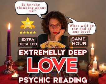 Puede incluir: Un anuncio de servicio de lectura psíquica con una persona sosteniendo cartas de tarot detrás de un mantel rojo con velas encendidas. El texto incluye: Is he/she thinking about me?, What will be the end of our love?, 5.0 RATING, EXTRA DETAILED, SAME HOUR, EXTREMELY DEEP LOVE PSYCHIC READING.
