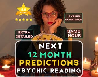 Op de afbeelding: Een advertentie voor een paranormale lezing met tarotkaarten op een rode ondergrond en kaarsen. De tekst bevat 5.0 RATING, 18 YEARS EXPERIENCE, EXTRA DETAILED, SAME HOUR en NEXT 12 MONTH PREDICTIONS PSYCHIC READING.