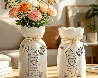 Personalisierte Blumenvase mit Baum und Initialen – Symbol der Liebe – Vasen-Set für Paare – Grün – Romantisches Hochzeitsgeschenk zum 9. Hochzeitstag für Paare