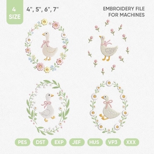 May include: Four digital embroidery designs featuring geese with pink bows. The designs include floral wreaths and scattered flower motifs. Text indicates 4 sizes: 4", 5", 6", 7" and "EMBROIDERY FILE FOR MACHINES". File formats listed: PES, DST, EXP, JEF, HUS, VP3, XXX.