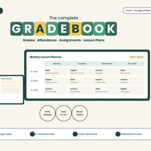 Könnte beinhalten: Eine digitale Notenbuch-Vorlage für Excel und Google Sheets mit wöchentlichem Unterrichtsplaner, Anwesenheitsliste und Planungsreitern. Die Benutzeroberfläche enthält Textbeschriftungen für Noten, Anwesenheit, Aufgaben und Unterrichtspläne.