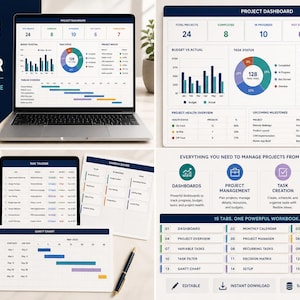 Peut inclure: Un modèle Excel Ultimate Project Manager à 15 onglets affiché sur un écran d'ordinateur portable et des feuilles imprimées. L'interface présente un tableau de bord de projet avec des graphiques, un diagramme en anneau et des tableaux de suivi.