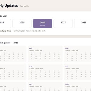 Peut inclure: Une interface de planificateur numérique avec une barre latérale contenant des options de navigation comme Covers, Yearly Updates, Sunday Start, Monday Start, Daily Layout et Stickers. La vue principale affiche les mises à jour annuelles 2024-2030.