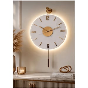 Modern Led Wall Clock with Pendulum, Minimalist Gold Wall Clock (30x50 cm), Luxury Round Wall Art, Gift for Home, Watch for Home Decor