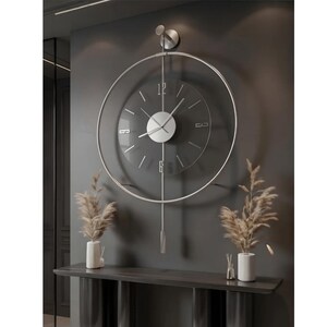 Large Modern Wall Clock with Pendulum, Minimalist Metal Wall Clock, Silver Glass Gift Wall Clock, Unique Living Room Decor, Silent Clock
