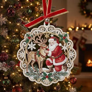 May include: A round, embroidered Christmas ornament featuring Santa Claus kneeling beside a reindeer. The design is framed by an intricate, cream-colored lace border with snowflake and holly accents, topped with a red velvet ribbon for hanging.