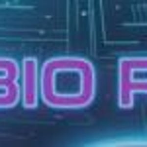 以下が含まれることがあります： 「2D-CORE BIO RESEARCH」というテキストが、水色の輪郭を持つ太字の紫色のサンセリフフォントで表示されています。背景は、光る水色の線と円形の幾何学模様が描かれた、濃い青色の抽象的なデジタルパターンです。