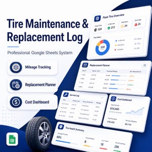 May include: A digital tire maintenance and replacement log system for Google Sheets. The display features a fleet tire overview, replacement planner, service log, cost dashboard, and tire health summary with charts, icons, and data tables.