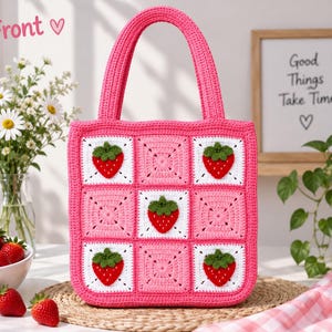 Patrón de bolso de ganchillo con diseño de fresa, bolso de hombro cuadrado estilo abuela y estuche con cordón a juego (tutorial en PDF), patrón de bolso de frutas veraniego estilo cottagecore