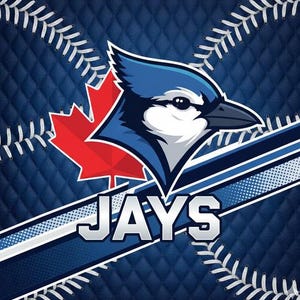 May include: A graphic design featuring a blue jay bird head logo, a red maple leaf, and the text JAYS in white block letters. The background consists of a dark blue quilted pattern with white baseball stitching lines crossing diagonally.