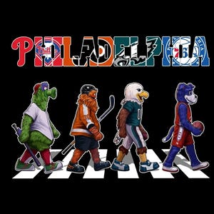 May include: A graphic illustration on a black background featuring the text PHILADELPHIA with sports team logos integrated into the letters. Below, four mascots walk in a line across a crosswalk, representing local baseball, hockey, football, and basketball teams.