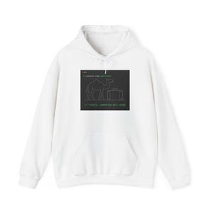 May include: A white hooded sweatshirt featuring a central black square graphic. The graphic displays a dotted line drawing of a camel next to a suitcase, with the text "$ console.log(camelCase)" and "// finally, something well-cased" in green.