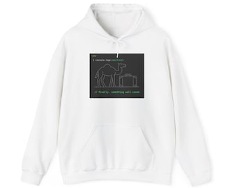 May include: A white hooded sweatshirt featuring a central black square graphic. The graphic displays a dotted line drawing of a camel next to a suitcase, with the text "$ console.log(camelCase)" and "// finally, something well-cased" in green.