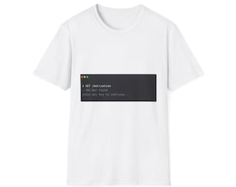May include: A white short-sleeve t-shirt featuring a dark gray rectangular graphic on the chest. The graphic displays a terminal window with the text: $ GET /motivation, - 404 Not Found, press any key to continue, and three colored dots.
