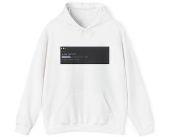 May include: A white hooded sweatshirt featuring a graphic of a dark gray terminal window on the chest. The graphic displays the text $ npm install, a progress bar at 42%, and the text still idealizing... with three colored dots at the top.
