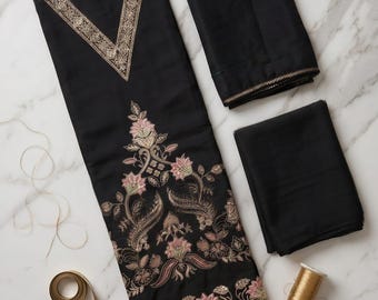 Conjunto de traje negro sin coser con bordado floral, estilo étnico pakistaní.
