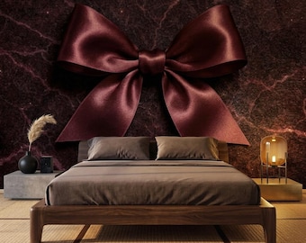 Burgundy Satin Bow Mural Coquette Dark Aesthetic Wallpaper, Moody Maximalist Wall Decor, Romantic Dark Academia Art, Large Bow Feature Wall