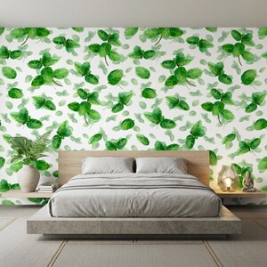 Botanical Mint Leaf Green Watercolor Wallpaper, Fresh Kitchen Wall Decor, Nature Inspired Removable Mural, Minimalist Herbal Accent