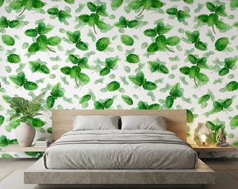 Botanical Mint Leaf Green Watercolor Wallpaper, Fresh Kitchen Wall Decor, Nature Inspired Removable Mural, Minimalist Herbal Accent