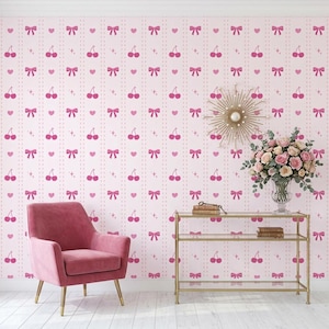 Pink Coquette Cherry and Bow Pattern Wallpaper, Girly Nursery Wall Decor, Retro Aesthetic Bedroom Decal, Whimsical Kids Room Peel and Stick
