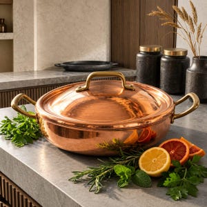 Puede incluir: Una olla redonda de cobre con tapa a juego y dos asas laterales de latón. La olla está rodeada de hierbas verdes frescas, incluyendo perejil y romero, junto con rodajas de naranja sanguina y limón sobre una encimera de color gris.