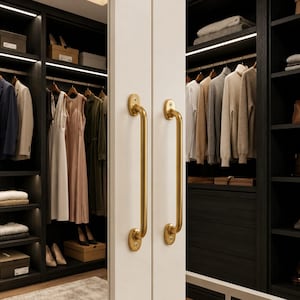 May include: Two vertical brass door handles with a smooth, cylindrical design and oval mounting plates, attached to white double doors. The doors are positioned in front of a walk-in closet featuring dark wood shelving, hanging clothes, and lighting.