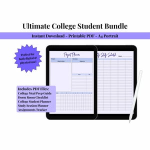 Ultimate College Student Bundle (PDF) - Meal Prep Guide Dorm Room Essentials College Student Planner Study Planner Assignment Tracker