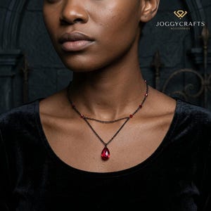 Ruby Red Crystal Teardrop Necklace Black Layered Chain Jewelry Dainty Boho Statement Piece Romantic Gift for Girlfriend Unique Handmade