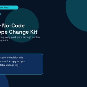 Puede incluir: Un gráfico de producto digital azul oscuro titulado AI & No-Code Scope Change Kit de EQORAUA. Incluye el texto Stop giving away paid work through unclear client requests y enumera una regla de decisión de 60 segundos, tarjeta de puntuación y registro.