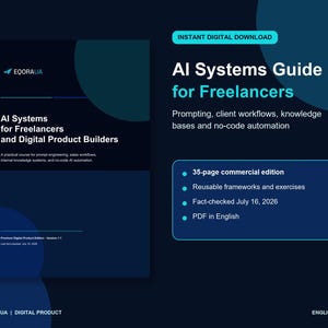 May include: A digital product cover titled AI Systems Guide for Freelancers and Digital Product Builders. The dark blue document features text about prompt engineering, sales workflows, and no-code automation, plus a 35-page commercial edition.