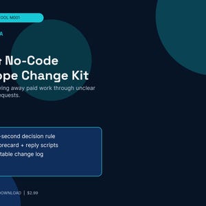 May include: A dark blue digital product graphic titled AI & No-Code Scope Change Kit by EQORAUA. It features a light blue tag labelled MICRO TOOL M001, a list of contents including a 60-second decision rule, scorecard, reply scripts, and editable change log.