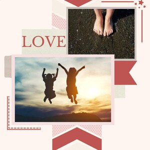 Pode incluir: Um layout de álbum de recortes digital com a palavra LOVE em texto vermelho. Inclui duas fotografias: uma mostrando pés descalços na areia escura e outra com as silhuetas de duas crianças saltando contra um céu ao pôr do sol, com padrões vermelhos.