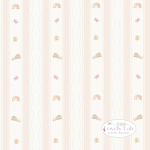 Pode incluir: Um padrão repetitivo de arco-íris, borboletas, sóis e estrelas cadentes em aguarela sobre um fundo de riscas verticais creme e rosa claro com linhas tracejadas. No canto inferior direito encontra-se Lovely Lab Digital Designs.