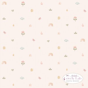 Pode incluir: Um padrão repetitivo sobre um fundo rosa pálido com ilustrações em aguarela de arco-íris, flores, sóis, nuvens, estrelas, corações, borboletas, folhas e gotas de chuva. No canto inferior direito encontra-se o texto Lovely Lab Digital Designs.