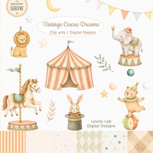 Pode incluir: Uma coleção digital com ilustrações em aquarela de uma tenda de circo, um cavalo de carrossel, um leão, um elefante, um urso numa bola e um coelho num chapéu. Inclui bandeirolas, estrelas, uma lua, folhagem e cinco papéis digitais.