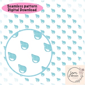 May include: A seamless digital pattern featuring light blue raindrop illustrations on a white background. A circular magnifying overlay highlights the raindrops. The text Seamless pattern Digital Download appears at the top, with a logo in the corner.