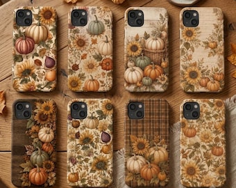 Könnte beinhalten: Acht Smartphone-Hüllen mit verschiedenen herbstlichen Mustern, darunter Illustrationen von Kürbissen, Sonnenblumen und Laub in Orange-, Braun- und Cremetönen. Jede Hülle verfügt über einen Kameraausschnitt und ein individuelles Design.